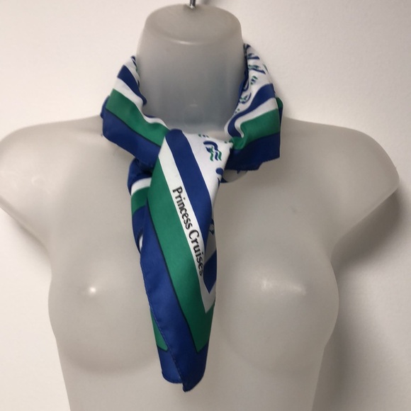 Vintage Blue, Green, White Princess Cruise Line Square Mod Print Fashion Scarf - Picture 4 of 16